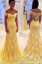 Exceptional Off the Shoulder With Train Side Zipper Evening Dress Yellow for Prom and Party with Lace Brush Train