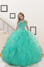  Turquoise Organza Lace Up Halter Top Sleeveless Floor Length Kids Formal Wear Beading and Ruffles