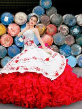 Best White And Red Organza Lace Up 15th Birthday Dress Sleeveless Floor Length Appliques and Embroidery and Ruffles