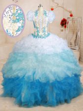  Sleeveless Brush Train Beading and Appliques and Ruffles Lace Up Sweet 16 Quinceanera Dress