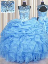  See Through Baby Blue Scoop Neckline Beading and Ruffles and Pick Ups Quince Ball Gowns Sleeveless Lace Up