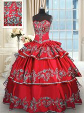 Red Taffeta Lace Up Sweetheart Sleeveless Floor Length Ball Gown Prom Dress Embroidery and Ruffled Layers