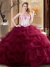  Wine Red Ball Gown Prom Dress Military Ball and Sweet 16 and Quinceanera with Embroidery and Ruffled Layers Strapless Sleeveless Lace Up