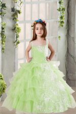 Attractive Ruffled Floor Length Ball Gowns Sleeveless Yellow Green Child Pageant Dress Lace Up