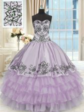 Fashionable Floor Length Lace Up 15 Quinceanera Dress Lavender for Military Ball and Sweet 16 and Quinceanera with Beading and Embroidery and Ruffled Layers