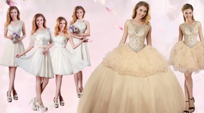 Perfect Scoop Sleeveless Lace Up Quinceanera Dress Champagne Organza and Tulle
