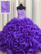 Nice Visible Boning Sweetheart Sleeveless Sweet 16 Dresses Floor Length Beading and Ruffles Lavender Organza