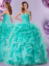 Clearance Aqua Blue Sleeveless Beading and Ruffles Floor Length Sweet 16 Dresses