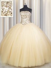  Really Puffy Floor Length Gold Quinceanera Dresses Tulle Sleeveless Beading and Sequins