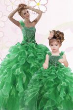 Low Price One Shoulder Sleeveless Organza Floor Length Lace Up Ball Gown Prom Dress in Green with Beading and Ruffles