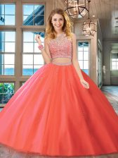  Watermelon Red Two Pieces Scoop Sleeveless Tulle Floor Length Backless Beading 15th Birthday Dress