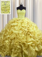  Gold Ball Gowns Sweetheart Sleeveless Organza With Train Court Train Lace Up Beading and Pick Ups Quinceanera Gowns