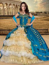  Off the Shoulder Floor Length Lace Up Quinceanera Dress Multi-color for Military Ball and Sweet 16 and Quinceanera with Appliques and Embroidery and Ruffled Layers