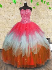 Adorable Floor Length Lace Up Quinceanera Dress Multi-color for Military Ball and Sweet 16 and Quinceanera with Beading and Ruffles and Ruffled Layers
