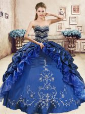  Sweetheart Sleeveless Sweet 16 Quinceanera Dress Floor Length Beading and Embroidery and Pick Ups Navy Blue Organza and Taffeta