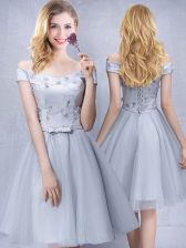  Off the Shoulder Grey A-line Appliques and Belt Damas Dress Lace Up Tulle Sleeveless Knee Length