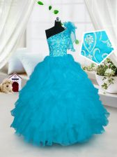 Modern Organza One Shoulder Sleeveless Lace Up Embroidery and Ruffles Custom Made in Turquoise