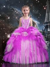 Fashionable One Shoulder Fuchsia Sleeveless Floor Length Beading and Ruffled Layers Lace Up Little Girl Pageant Dress