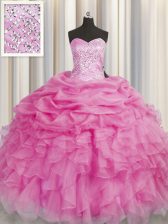 Designer Floor Length Rose Pink 15 Quinceanera Dress Sweetheart Sleeveless Lace Up