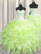  Visible Boning Floor Length Zipper Quinceanera Gown Yellow Green for Military Ball and Sweet 16 and Quinceanera with Beading and Ruffles
