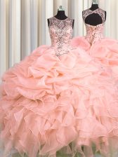 Chic Scoop See Through Organza Sleeveless Floor Length Quinceanera Dresses and Beading and Ruffles and Pick Ups