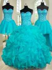 Four Piece Teal Ball Gowns Sweetheart Sleeveless Organza Floor Length Lace Up Beading and Ruffles Quinceanera Dresses