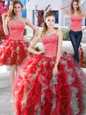  Three Piece Floor Length Ball Gowns Sleeveless White and Red Quinceanera Gowns Lace Up
