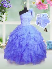  One Shoulder Floor Length Ball Gowns Sleeveless Blue Little Girls Pageant Dress Lace Up