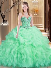  Apple Green Organza Lace Up Sweetheart Sleeveless Sweet 16 Dress Brush Train Embroidery and Ruffles