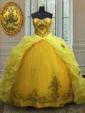 Enchanting Sleeveless With Train Beading and Appliques and Pick Ups Lace Up Vestidos de Quinceanera with Light Yellow Court Train