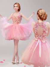 Glittering Halter Top Sleeveless Tulle Prom Evening Gown Ruffles and Hand Made Flower Backless