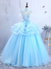  Baby Blue Short Sleeves Floor Length Appliques and Ruffles Lace Up Homecoming Dress