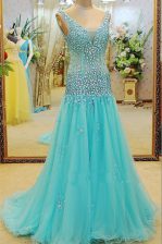  V-neck Sleeveless Prom Dress Brush Train Beading Aqua Blue Organza