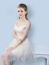 Elegant Sequins Asymmetrical Champagne Quinceanera Court Dresses Off The Shoulder Short Sleeves Lace Up