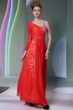  Coral Red Long Sleeves Beading and Embroidery Floor Length Prom Party Dress