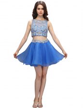 Customized Blue Sleeveless Mini Length Beading Zipper Evening Dress