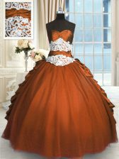 Sweet Rust Red Ball Gown Prom Dress Military Ball and Sweet 16 and Quinceanera with Beading and Lace and Ruching and Pick Ups Sweetheart Sleeveless Lace Up
