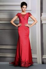 Noble Satin Scoop Short Sleeves Court Train Clasp Handle Appliques Prom Dresses in Red
