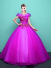  Fuchsia Lace Up Scoop Appliques 15th Birthday Dress Tulle Short Sleeves
