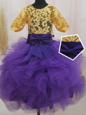 Fashionable Scoop Eggplant Purple and Gold Short Sleeves Lace and Ruffles and Bowknot Mini Length Kids Pageant Dress