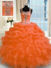 Orange Red Ball Gowns Appliques Sweet 16 Quinceanera Dress Zipper Organza Sleeveless Floor Length
