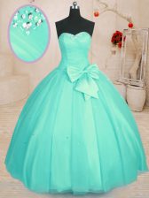  Aqua Blue Ball Gowns Tulle Sweetheart Sleeveless Beading and Bowknot Floor Length Lace Up 15th Birthday Dress