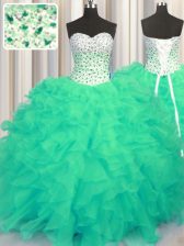  Turquoise Ball Gowns Organza Sweetheart Sleeveless Beading and Ruffles Floor Length Lace Up Vestidos de Quinceanera