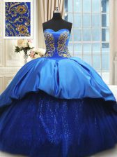 Flirting Royal Blue Satin Lace Up Sweetheart Sleeveless With Train Ball Gown Prom Dress Court Train Beading and Embroidery