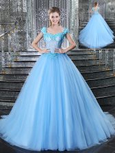  Brush Train Ball Gowns Sweet 16 Dresses Baby Blue Straps Tulle Sleeveless With Train Lace Up
