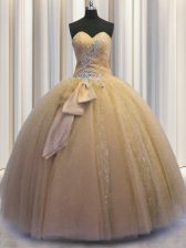  Bowknot Champagne Sleeveless Tulle and Sequined Lace Up Sweet 16 Dress for Military Ball and Sweet 16 and Quinceanera
