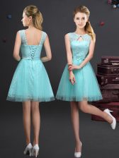  Scoop Sleeveless Mini Length Lace and Appliques and Belt Lace Up Quinceanera Court Dresses with Aqua Blue