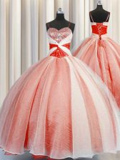  Beading and Sequins and Ruching Vestidos de Quinceanera Coral Red Lace Up Sleeveless Floor Length