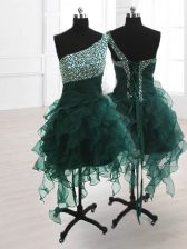 Colorful One Shoulder Sleeveless Organza Prom Dresses Beading and Ruffles Lace Up