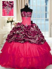  Ruffled Strapless Sleeveless Sweep Train Lace Up Ball Gown Prom Dress Red Organza and Printed